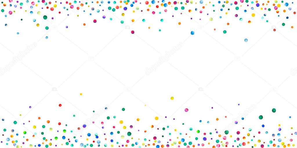 Watercolor confetti on white background. Adorable rainbow colored dots. Happy celebration wide colorful bright card. Splendid hand painted confetti.