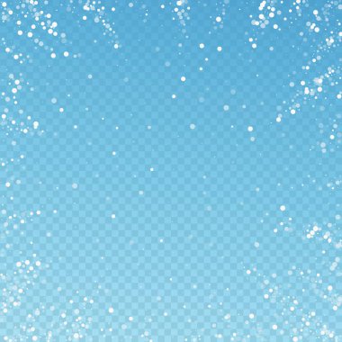 Yılbaşı arka planında rastgele beyaz noktalar. İnce uçan kar taneleri ve mavi şeffaf arkaplanda yıldızlar. İnanılmaz kış gümüşü kar taneleri şablonu örtüyor. Muhteşem vektör illüstrasyonu.