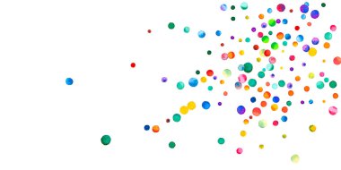 Beyaz arka planda suluboya konfeti. Canlı gökkuşağı renkli noktalar. Rengarenk parlak kartın kutlu olsun. Eğlenceli el boyalı konfeti..