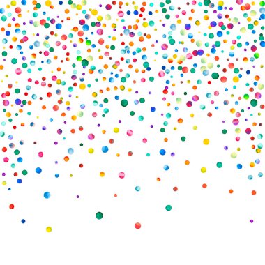 Beyaz arka planda suluboya konfeti. Gerçek gökkuşağı renkli noktalar. Mutlu kare renkli parlak kartlar. Muhteşem bir el boyaması konfeti.