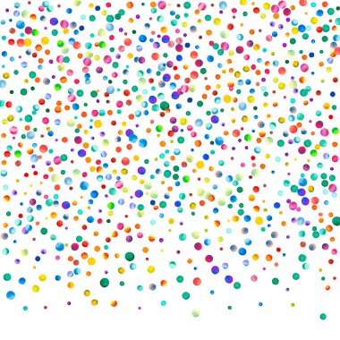 Beyaz arka planda suluboya konfeti. Takdire şayan gökkuşağı renkli noktalar. Mutlu kare renkli parlak kartlar. Gerçek elle boyanmış konfeti..
