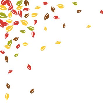 Sonbahar yaprakları dökülüyor. Kırmızı, sarı, yeşil, kaotik yapraklar uçuşuyor. Modern beyaz arka planda köşeli renkli yapraklar. Okul satışına geri dönüş..