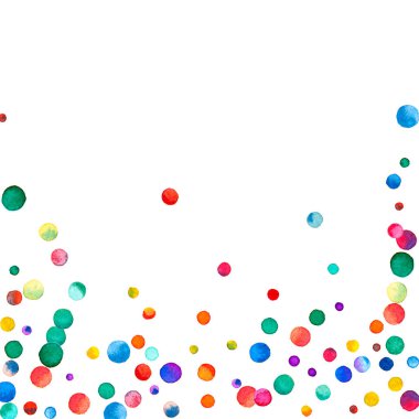 Beyaz arka planda suluboya konfeti. Gerçek gökkuşağı renkli noktalar. Mutlu kare renkli parlak kartlar. Harika bir el boyaması konfeti.