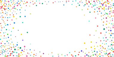 Beyaz arka planda suluboya konfeti. Çekici gökkuşağı renkli noktalar. Rengarenk parlak kartın kutlu olsun. Eşsiz elle boyanmış konfeti..