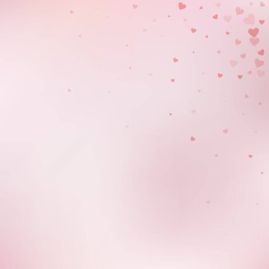 Kırmızı kalp konfetileri sever. Sevgililer Günü için ideal bir geçmiş. Gradyan arka planda şeffaf kalp konfetileri düşüyor. Seçkin vektör çizimi.