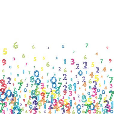 Renkli ve düzenli sayılar düşüyor. Uçan parmaklarla matematik çalışma konsepti. Beyaz arka planda duygusal okul matematiği afişi. Düşen sayılar vektör illüstrasyonu.