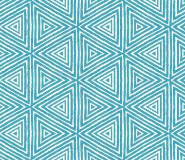Geometrik dikişsiz desen. Turkuaz simetrik kaleydoskop arka planı. Tekstil hazır baskı, mayo kumaş, duvar kağıdı, ambalaj. El çizimi geometrik kusursuz tasarım.