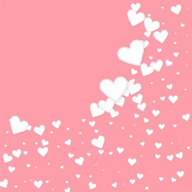 Beyaz kalp konfetileri sever. Sevgililer Günü köşesi büyüleyici bir geçmiş. Pembe arka planda düşmüş kağıt kalpler konfetisi. İlahi vektör illüstrasyonu.
