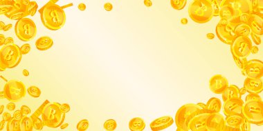 Bitcoin, internet para birimleri düşüyor. Canlı, dağınık BTC paraları. Kripto para, dijital para. Takdire şayan ikramiye, servet ya da başarı konsepti. Vektör illüstrasyonu.