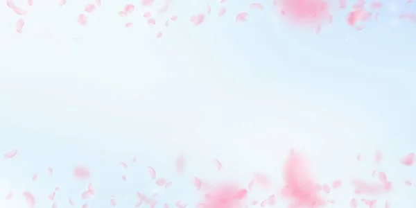 樱花花瓣落下 浪漫粉红色的花朵边框 在蓝天上飞翔的花瓣背景 浪漫的概念 精美婚礼请柬 — 图库照片