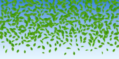 Düşen yeşil yapraklar. Kaotik taze çay yaprakları uçuşuyor. Mavi arka planda bahar yaprakları dans ediyor. Temyiz yaz örtüsü şablonu. Takdire şayan bahar satışı illüstrasyonu.