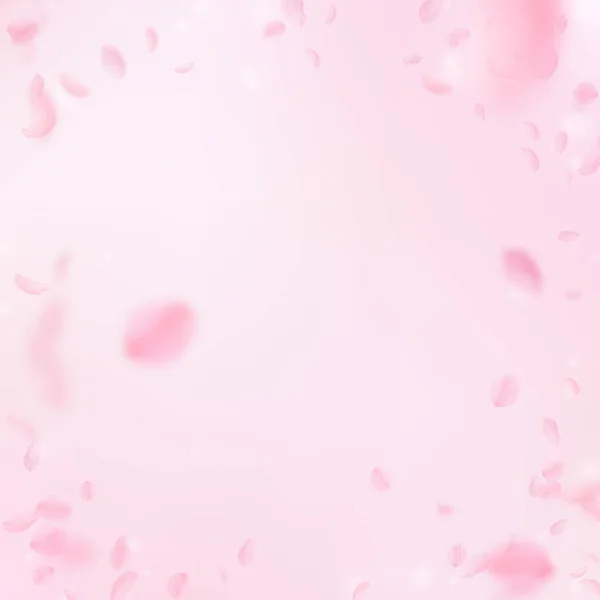 桜の花びらが落ちています ロマンチックなピンクの花は ビネットします ピンクの正方形の背景に花びらを飛んでいます ロマンス概念 真っ白な結婚式招待状 — ストック写真