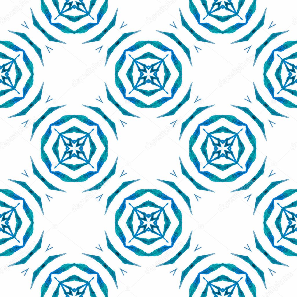Watercolor medallion seamless border. Blue ravishing boho chic summer design. Medallion seamless pattern. Textile ready ecstatic print, swimwear fabric, wallpaper, wrapping.