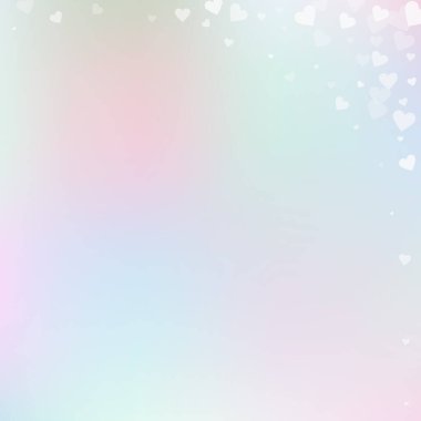 Beyaz kalp konfetileri sever. Sevgililer günü köşesi güzel bir geçmiş. Gradyan arka planda şeffaf kalp konfetileri düşüyor. Hoş vektör illüstrasyonu.