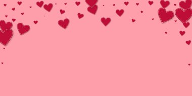 Kırmızı kalp konfetileri sever. Sevgililer Günü yağmuru harika bir özgeçmiş. Pembe arka planda düşmüş kağıt kalpler konfetisi. Zarif vektör illüstrasyonu.