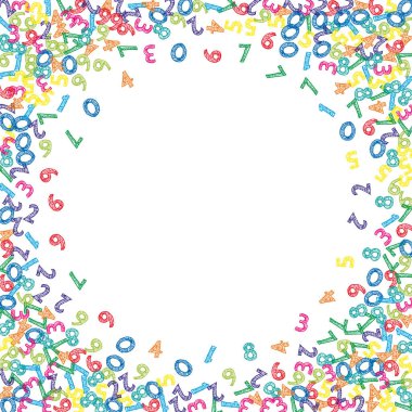 Renkli çizim numaraları düşüyor. Uçan parmaklarla matematik çalışma konsepti. Beyaz arka planda okulun matematik afişi var. Düşen sayılar vektör illüstrasyonu.