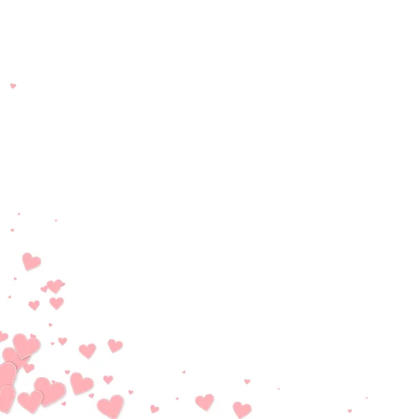 ピンクのハートの愛の告白 バレンタインデーのコーナー古典的な背景 白い背景に縫い付けられた紙のハートのコンフェッティが落ちる ベクトル図の魅力 — ストックベクタ