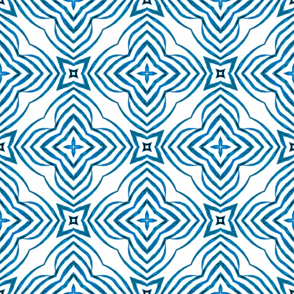 水彩メダリオンシームレスな境界線 青大胆なBohoシックな夏のデザイン メダリオンのシームレスなパターン 繊維準備ができて珍しいプリント 水着生地 — ストック写真