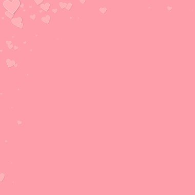 Pembe kalp aşk konfetileri. Sevgililer Günü köşesi güzel geçmiş. Pembe arka planda düşmüş kağıt kalpler konfetisi. Hassas vektör illüstrasyonu.