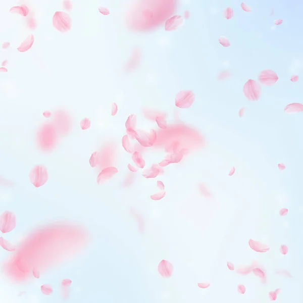 樱花花瓣落下 浪漫的粉红色花朵爆炸 在蓝天广场的背景下飞翔的花瓣 浪漫的概念 经典婚礼请柬 — 图库照片