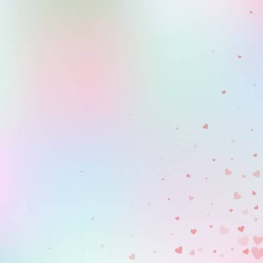 Kırmızı kalp konfetileri sever. Sevgililer Günü için ideal bir geçmiş. Gradyan arka planda şeffaf kalp konfetileri düşüyor. Zarif vektör illüstrasyonu.