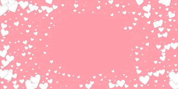 白い心の愛の告白 バレンタインデーのヴィネットの豪華な背景 ピンクの背景に縫い付けられた紙のハートのコンフェッティが落ちる 特別ベクターイラスト — ストックベクタ