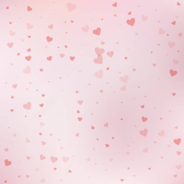 Kırmızı kalp konfetileri sever. Sevgililer Günü yağmuru güzel bir arkaplan. Şeffaf kalp konfetileri yumuşak arka planda. İlginç vektör illüstrasyonu.