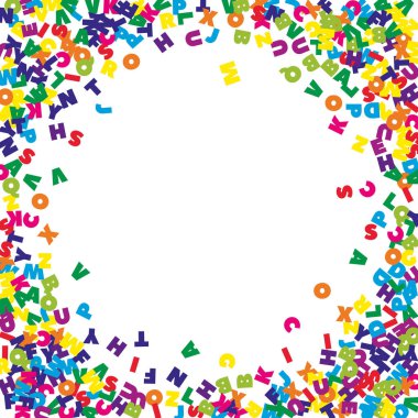 İngilizce 'nin harfleri düşüyor. Latin alfabesinin renkli uçan kelimeleri. Yabancı diller öğrenim kavramı. Beyaz arkaplandaki okul afişi inanılmaz..