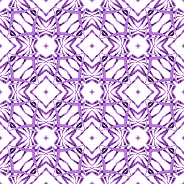 Etnik elle boyanmış desen. Mor enerjik boho şık yaz tasarımı. Suluboya yaz etnik sınır düzeni. Tekstil hazır büyüleyici baskı, mayo kumaş, duvar kağıdı, ambalaj..