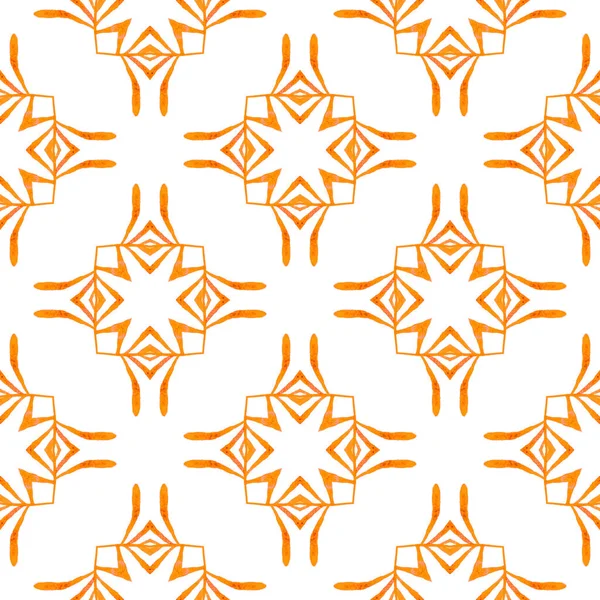 繊維準備ができて観光プリント 水着生地 オレンジの魅力的なBohoシックな夏のデザイン タイルの境界線を繰り返す水彩イカット 水着のデザインを繰り返すイカット — ストック写真