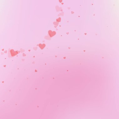 Kırmızı kalp konfetileri sever. Sevgililer Günü 'nün güzel bir geçmişi var. Renk geçiş geçmişinde şeffaf kalp konfetileri düşüyor. Dramatik vektör illüstrasyonu.