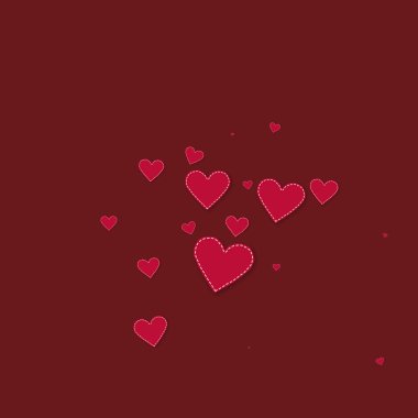 Kırmızı kalp konfetileri sever. Sevgililer Günü patlaması arka planda. Dökülen kağıt kalpler, kestane rengi arka planda konfeti. Uygun vektör illüstrasyonu.