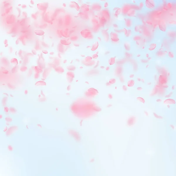 樱花花瓣飘落 浪漫的粉红花朵下着雨 蓝天正方形背景上飘扬的花瓣 浪漫的概念 漂亮的婚宴请柬 — 图库照片