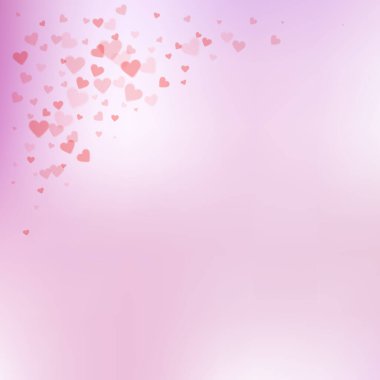 Kırmızı kalp konfetileri sever. Sevgililer Günü 'nün arka planı harika. Şeffaf kalp konfetileri yumuşak arka planda. Duygusal vektör illüstrasyonu.