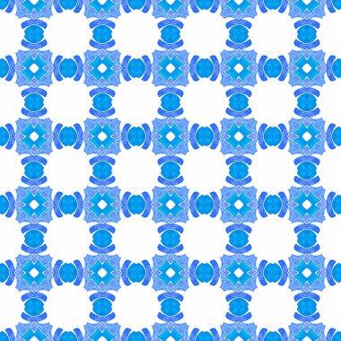 Tekstil hazır zarif baskı, mayo kumaş, duvar kağıdı, ambalaj. Mavi cazip boho şık yaz tasarımı. Döşemeli suluboya arka plan. Elle boyanmış suluboya kenar.