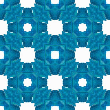 Tekstil hazır, temiz baskı, mayo kumaş, duvar kağıdı, ambalaj. Mavi büyüleyici boho şık yaz tasarımı. Tekrar eden mayo tasarımı. Suluboya görevi tekrar eden kiremit kenarı.