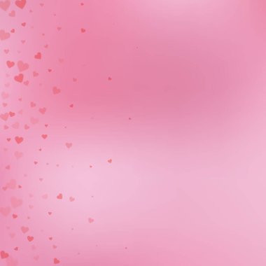 Kırmızı kalp konfetileri sever. Sevgililer Günü gradyanı harika bir arka plan. Renk geçiş geçmişinde şeffaf kalp konfetileri düşüyor. Olağanüstü vektör illüstrasyonu.