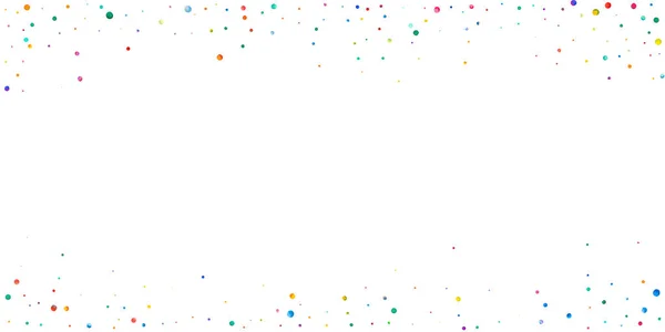 Akvarell konfetti fehér háttérrel. Vonzó szivárvány színű pontok. Boldog ünneplést széles színes fényes kártya. Cuki kézzel festett konfetti. — Stock Fotó