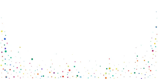 Akvarell konfetti fehér háttérrel. Élő szivárvány színű pontok. Boldog ünneplést széles színes fényes kártya. Szimmetrikus kézzel festett konfetti. — Stock Fotó