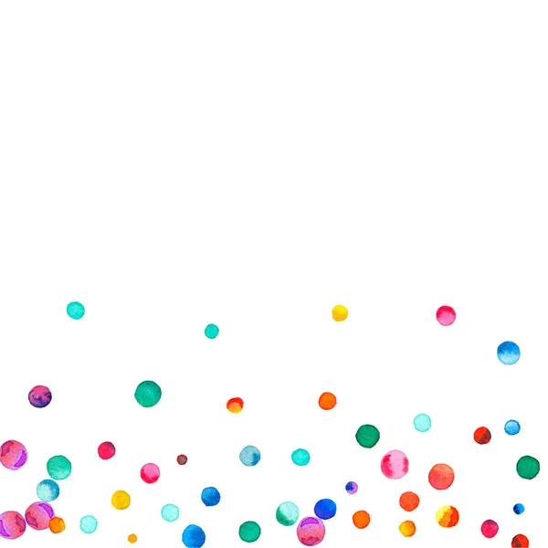Watercolor confetti on white background. Adorable rainbow colored dots. Happy celebration square colorful bright card. Appealing hand painted confetti. — Zdjęcie stockowe