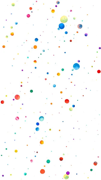 Confetti acquerello su sfondo bianco. Attraente arcobaleno puntini colorati. Felice celebrazione alta carta luminosa colorata. Attraente coriandoli dipinti a mano. — Foto Stock