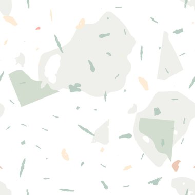 Terrazzo kusursuz desen. İç dekorasyon için minimalist döşeme taşı. Doğal taşlardan, granitten, kuvarstan, mermerden, betondan yapılmış arka plan. Terrazzo pürüzsüz desenli serin renklerde. 