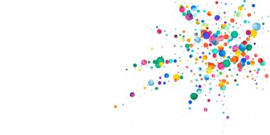 Beyaz arka planda suluboya konfeti. Canlı gökkuşağı renkli noktalar. Rengarenk parlak kartın kutlu olsun. Konfetiye boyanmış inanılmaz bir el..