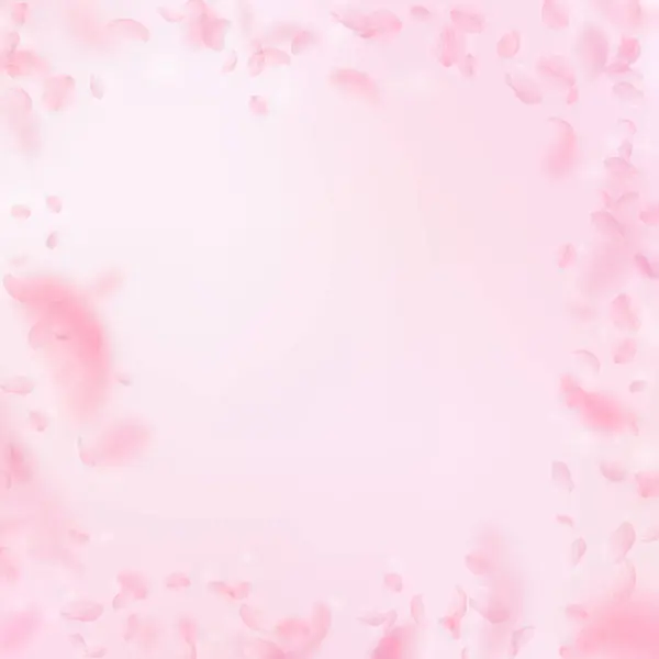桜の花びらが落ちています ロマンチックなピンクの花のフレーム ピンクの正方形の背景に花びらを飛んでいます ロマンス概念 肯定的な結婚式招待状 — ストック写真