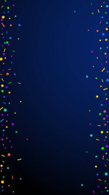 Şenlikli narin konfeti. Kutlama yıldızları. Koyu mavi arka planda şenlikli konfeti. Güzel bir şablon. Dikey vektör arkaplanı.