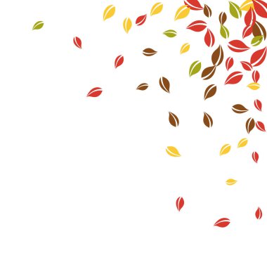 Sonbahar yaprakları dökülüyor. Kırmızı, sarı, yeşil, kaotik yapraklar uçuşuyor. Ezici beyaz arka planda köşe renklerinde yeşillikler. Okul satışına geri dönüş..