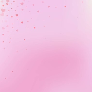 Kırmızı kalp konfetileri sever. Sevgililer Günü 'nün parlak geçmişi. Renk geçiş geçmişinde şeffaf kalp konfetileri düşüyor. Seçkin vektör çizimi.