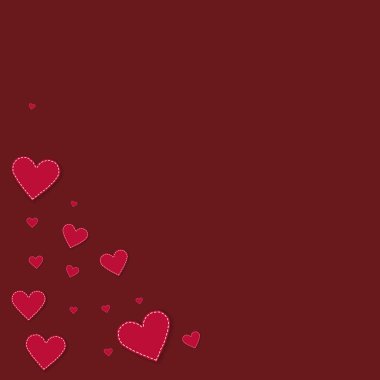 Kırmızı kalp konfetileri sever. Sevgililer Günü 'nün sulu arka planı. Dökülen kağıt kalpler, kestane rengi arka planda konfeti. İlahi vektör illüstrasyonu.