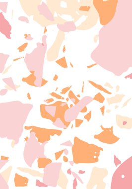 Terrazzo modern soyut şablon. Klasik İtalyan döşemesinin pembe ve turuncu dokusu. Venedik terrazzo trend vektör arka planı Taşlardan, granitten, kuvarstan, mermerden, betondan yapılmış. 