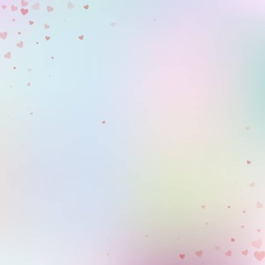 Kırmızı kalp konfetileri sever. Sevgililer günü köşesi pozitif arka plan. Düşen şeffaf kalp konfetileri göze çarpmıyor. Kendinden geçmiş vektör çizimi.